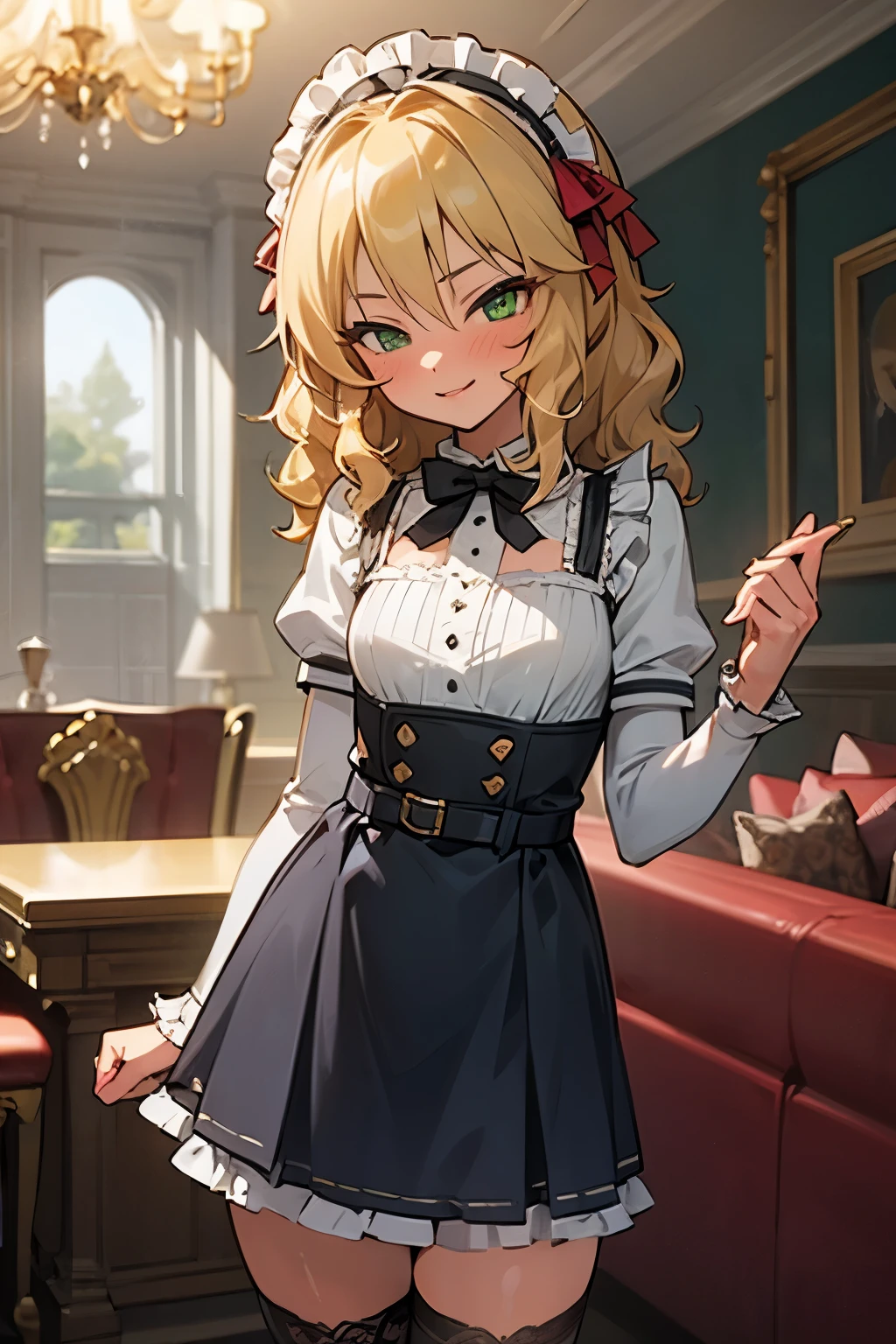 masterpiece,best quality, ultra-detailed,1girl(sakurai momoka, lovely small breasts, glow skin, wavy hair, long hair, blonde hair,green eyes),smile, glow lips, nose blush, blush, solo, maid(black), frill, apron, maid headdress, black garterbelt, white lace thighhighs, in the mansion, livingroom, standing,