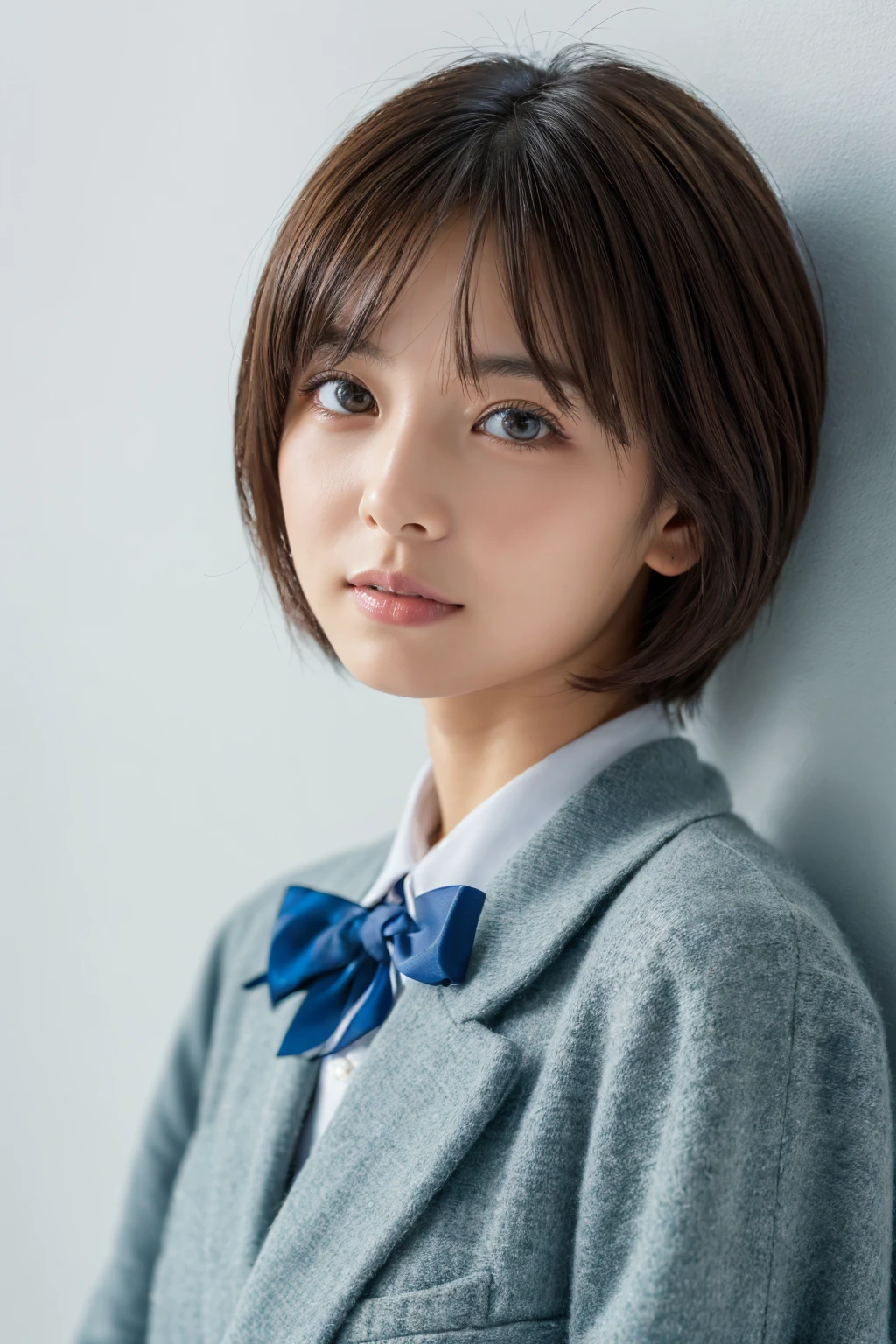 ((Highest quality, 8k, masterpiece :1.3)), 1 girl, (short hair,Photographed in front of a white wall :1.2)、whole body、super Detailed face, Beautiful Eyes,(Highly realistic photos, High resolution, Detailed face, Beautiful Eyes)、Japanese women, 18-year-old, A variety of expressions, alone:1, Various Hair Styles,  Only one person in the photo、uniform、Don&#39;t look at the camera、profile、Dark brown hair color, Skin Texture,Real human skin,  Cute smile、classroom