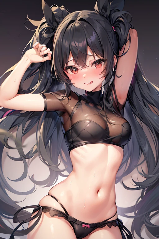 a cute girl with twin tails, blushing and sticking out her cute tongue, wearing sexy black panties, with sweat glistening on her thick thighs, full body portrait, (best quality,8k,highres,masterpiece:1.2),ultra-detailed,(realistic,photorealistic,photo-realistic:1.37),vibrant colors,cinematic lighting,(small breasts:1.1),(youthful face:1.1)