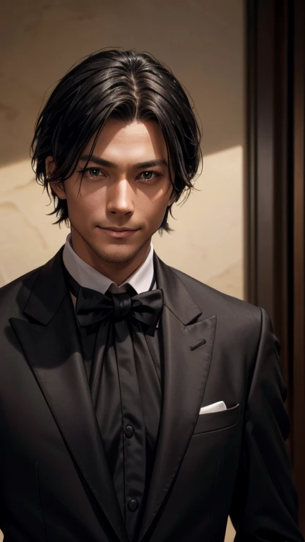a Man standing with 30 years in black suit and black tie, slender face, facing forward, black hear, center-parted hairstyle, medium-length hair, Japanese, dark background, mysterious smile, master of psychology, body and head straight in the photo, facing the viewer of the photo, eyes fixed to the lens, appears shoulders and head in the photo, man centered in the photo, 8k, best quality, masterpiece, realistic, realistic photo, movie photo, ultra realistic, 1 person, detailed, perfect lighting, DSRL, professional photo, 4k