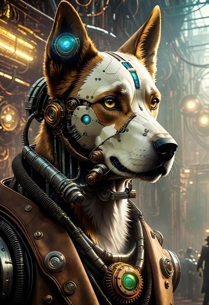 (((Cybernetic wolf))) adorned with steampunk elements, blending seamlessly into a cyberpunk environment, (mysterious) and (dystopian) ambiance, (masterpiece) of digital art