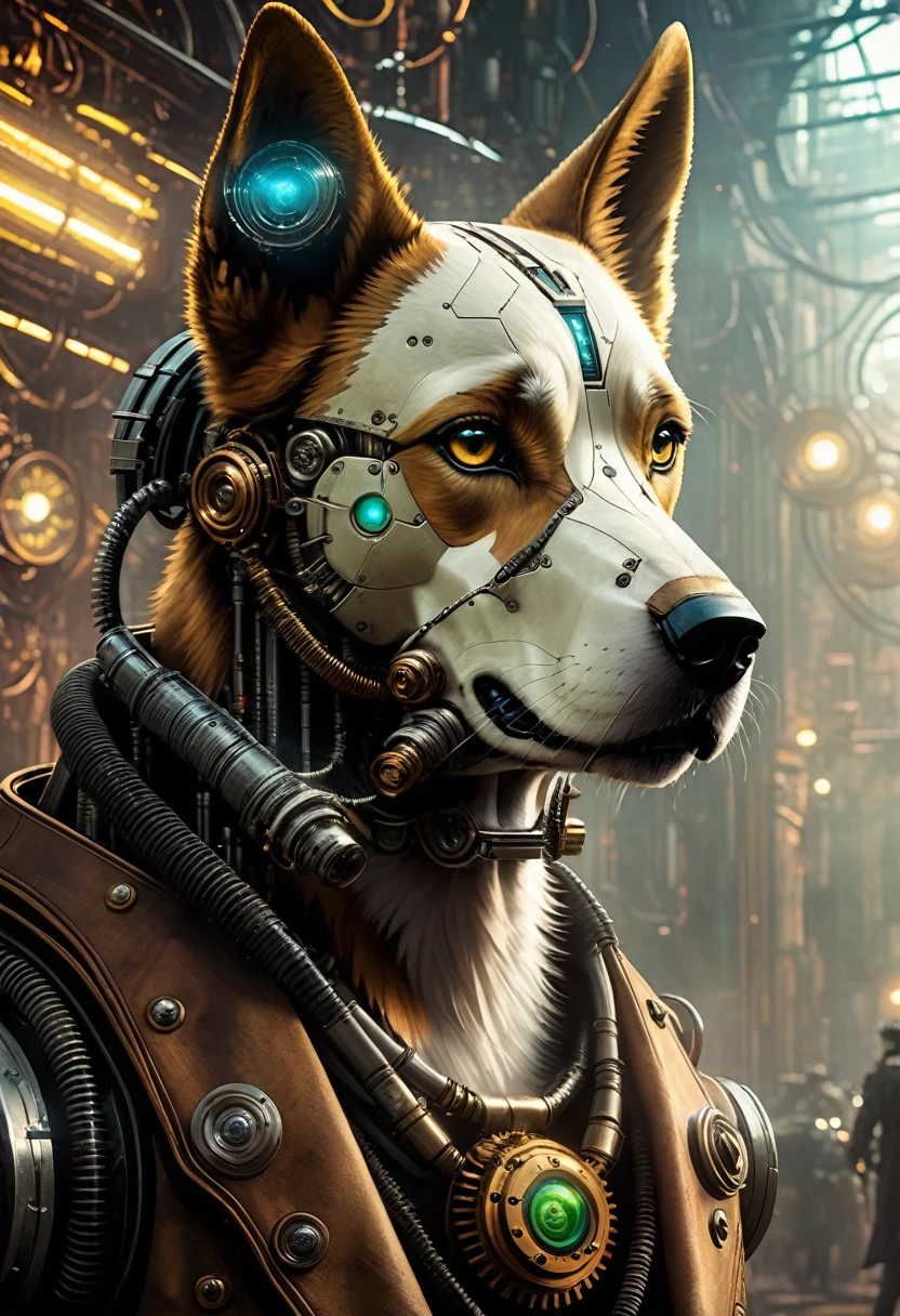 (((Cybernetic wolf))) adorned with steampunk elements, blending seamlessly into a cyberpunk environment, (mysterious) and (dystopian) ambiance, (masterpiece) of digital art