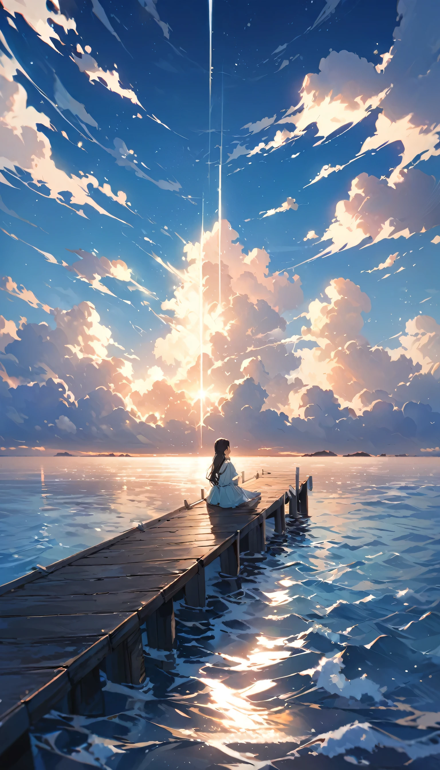 A girl is sitting on a pier with her back、Back view looking at the sea。There is a small island across the sea、Clouds are floating in the sky。The sunlight shines through the gaps in the clouds、Creating a fantastic scene。The sky is blue、The clouds are shining white、I can feel the wind blowing。wood々The leaves are slightly visible at the top.。 Paintings inspired by Makoto Shinkai, Beautiful anime scenery、Ultra-realistic, Anime movie background, Pixiv Topics、The sea water is clear、Seeing shades of green and blue、Flowing streaks of clouds can be seen in the sky、The sea is the main thing、