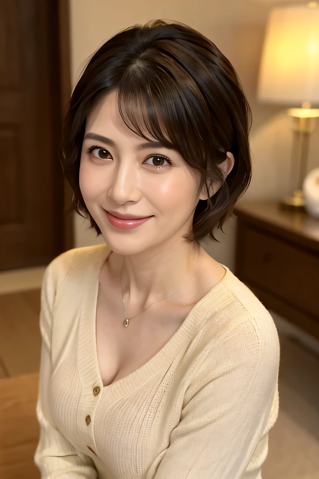 8k, Highest quality, masterpiece, Realistic, Realistic, Very detailed, Natural light, Shapely large breasts, Her cleavage is visible, 1 Japanese female, 45 years old, Black Hair, short hair, Straight hair, (Look up at the viewer from below), Pale orange light knit V-neck shirt, Very detailedな顔と肌, Very detailedな目, Very detailedな顔と肌,Bright smile,Big smile,indoor