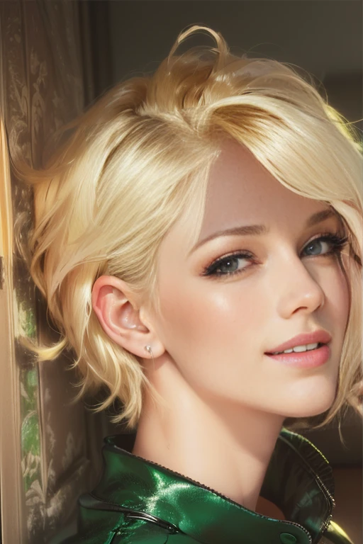 Medium close up image of a blond woman with short hair and posing for a picture, blonde short hair, short blonde hair, short blond hair, short wavy blond hair, blonde and attractive features, blond bob haircut, a gorgeous blonde, medium short hair, short curly blonde haired girl, with short hair, a girl with blonde hair, short blonde hair with bangs.  Naked, nude.  BBIC