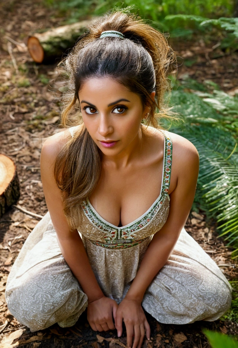 (From a straight above, birds-eye perspective), amateur, kneeling, [y], eye focus, photo (full body) (in the middle of a forest), attractive 40-year-old middle eastern girl, (beautiful face: 1.1), detailed light brown eyes, delicious Lucious lips, (eye makeup: 0.85), (medium bre.0), (firm body: 1.2), (log hair: 1.2), ponytail, sundress, high frequency details, funny, ornate, bright colors, playful, photographed on a camera phone, (highly detailed, intricately detailed)
