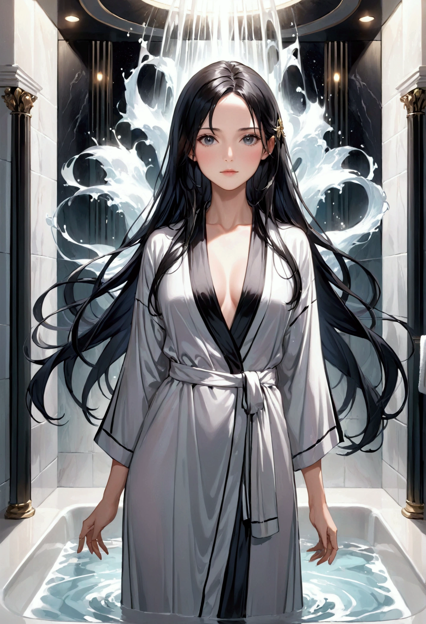 Mature Girl with long black hair with silver highlight, dark onyx eyes,tall rectangular body figure,bath robes