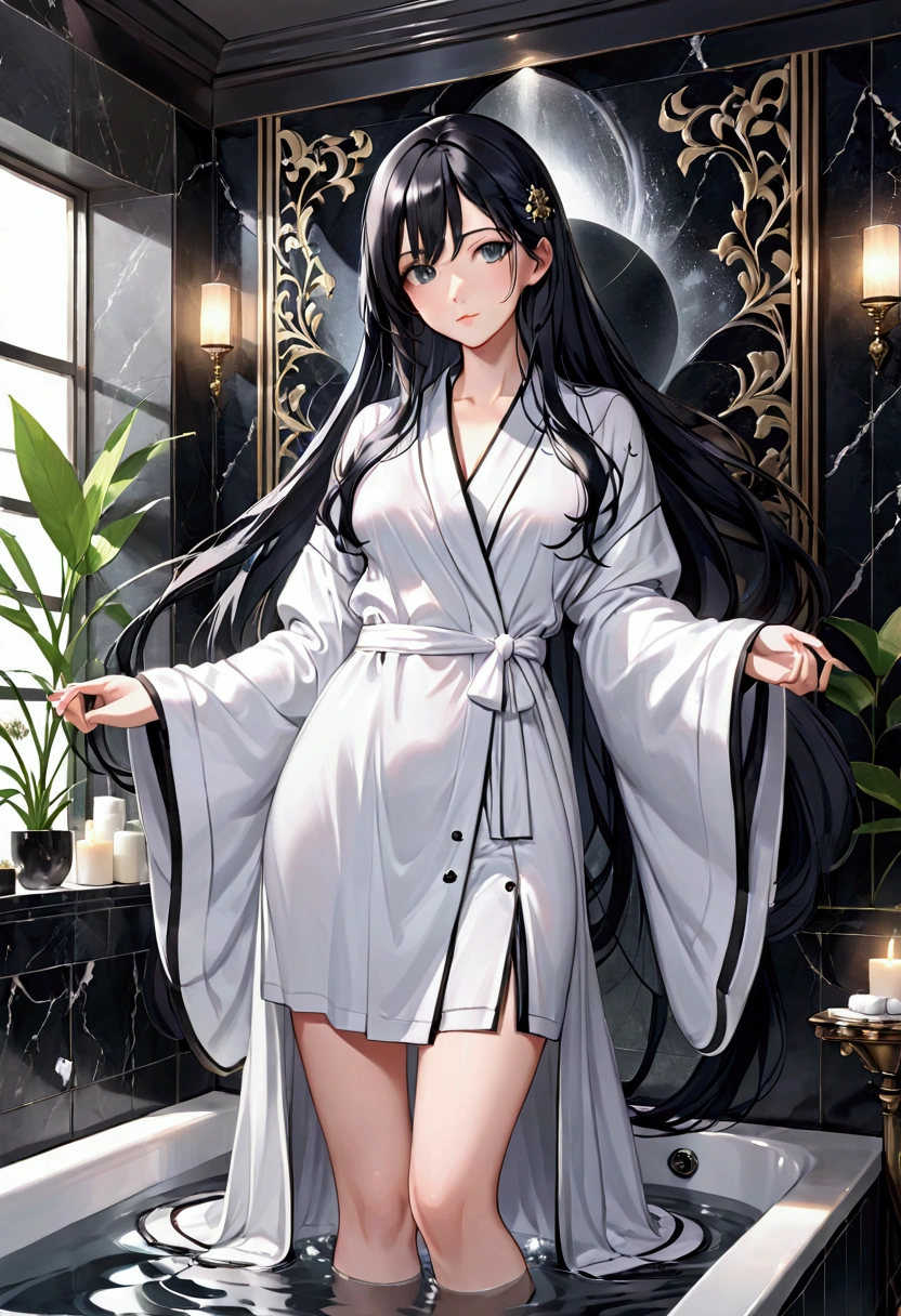 Mature Girl with long black hair with silver highlight, dark onyx eyes,tall rectangular body figure,bath robes