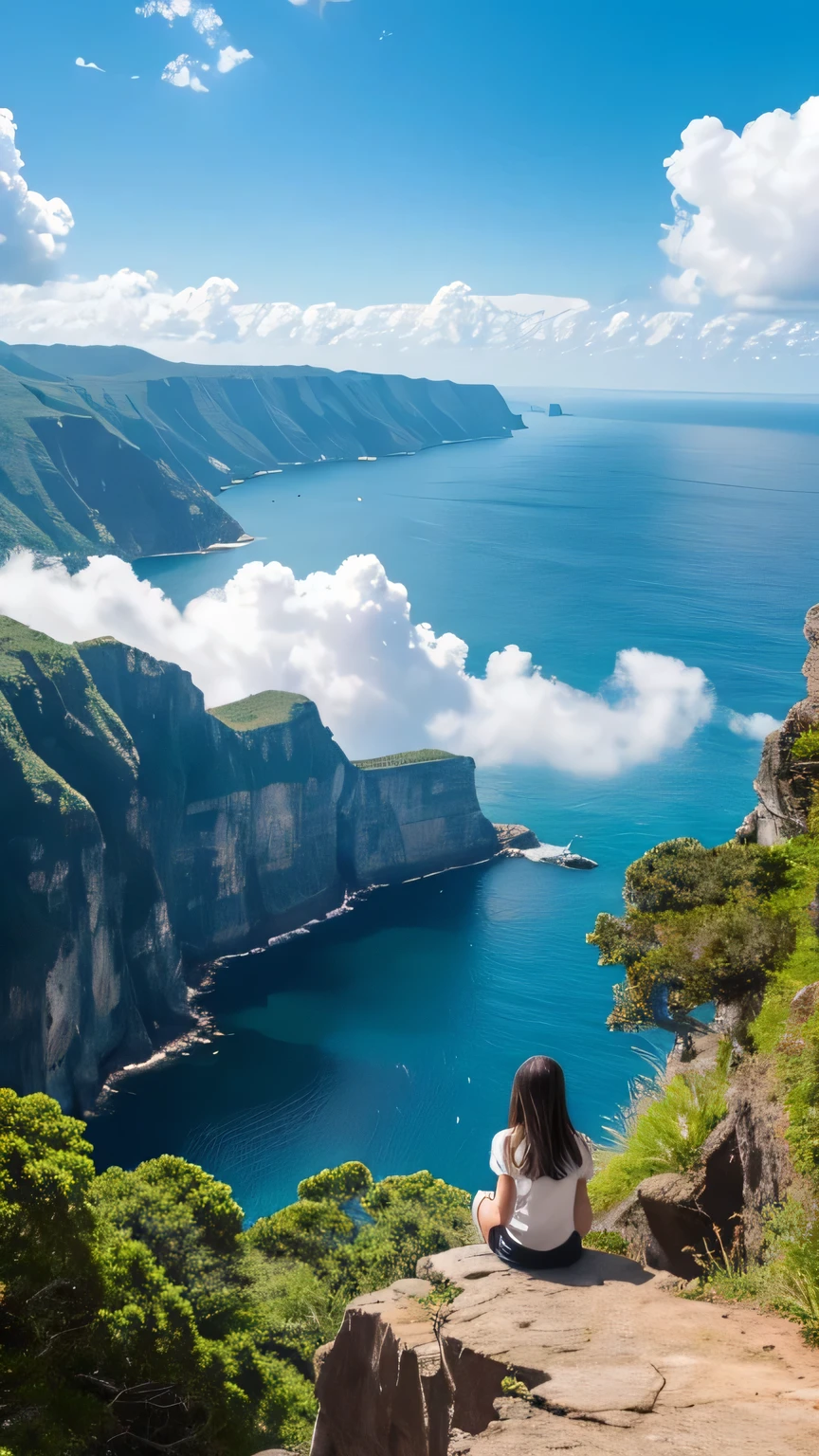 青く澄んだ空と巨大な白い積乱雲が広がるultra-realisticな背景の中、A girl sits on the edge of a high cliff、Gazing into the distance。On the cliff there is a tree and a small house、The photo depicts people enjoying a relaxing time in nature.。Below, the calm sea spreads out、Some boats float。The clouds are big and fluffy、It looks like a white canvas in the sky。A few birds、Flying in the sky、It exudes a natural and peaceful atmosphere.、The girl sits on the edge of a cliff、Gazing into the distance。 There is a big tree and a small house on the cliff.。 Below is the clear blue sea.、Some boats float。 There are huge white clouds in the sky。 Some birds are flying in the sky。 Greenery grows on the sides of the cliffs、The beauty of nature is emphasized。Paintings inspired by Makoto Shinkai, Beautiful anime scenery、ultra-realistic, Anime movie background, Pixiv Topics、Her hair is fluttering in the wind、背景は本物みたいなultra-realistic