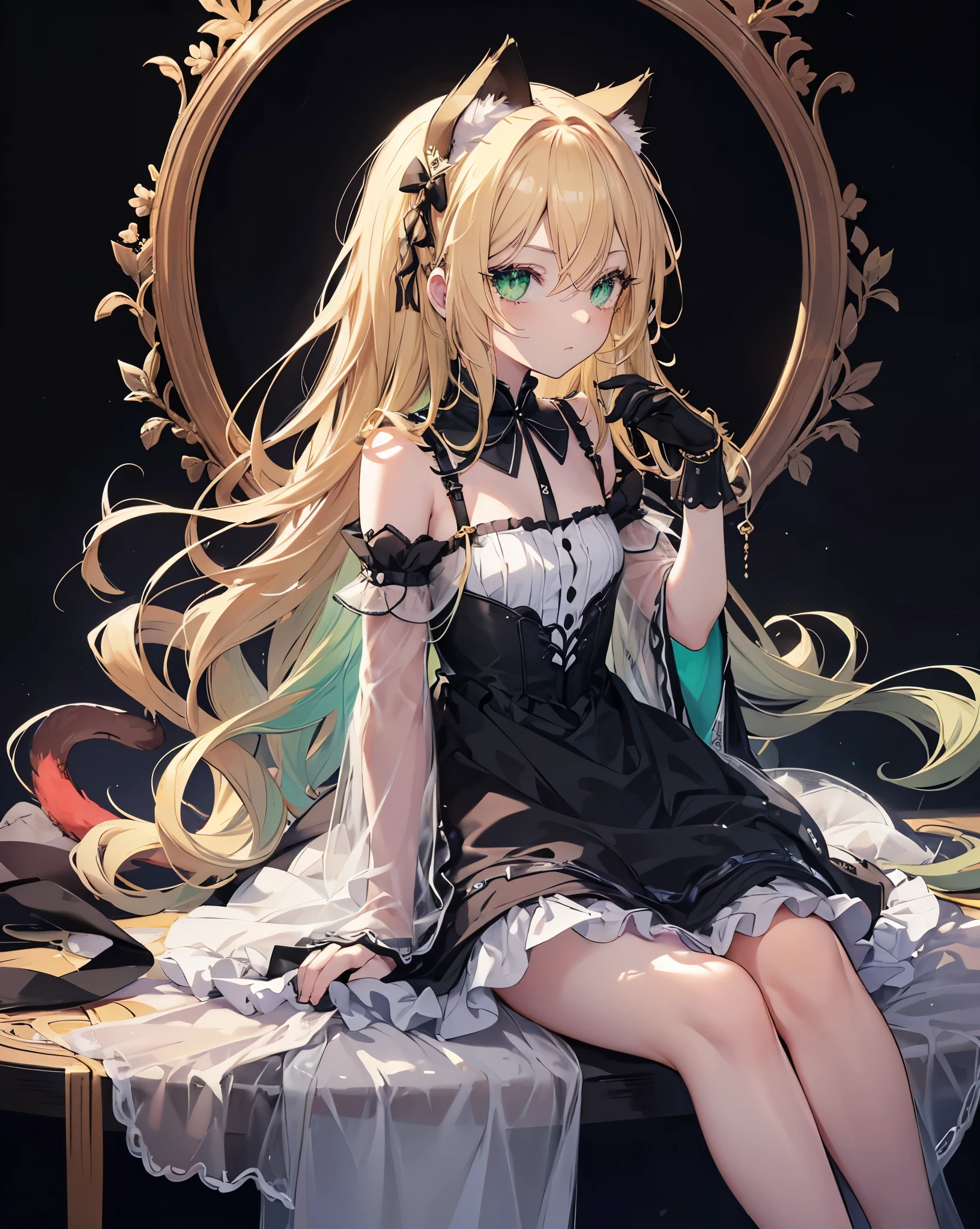 (Sketches),(eyelash:1.3),(Black background:1.2),watching me , High Resolution, Cute 1Girl, neko ears, cat tail, Beautiful and fine details, Long blonde hair, vibrant and vivid green eyes, Original Costume、Princess Dress, Side shot high contrast girl, Sitting, Side shot problem hold one's head, crystals reflecting, imagenery, scenery. Locked up in a castle cell. She's the princess. Cinematic sunflare
