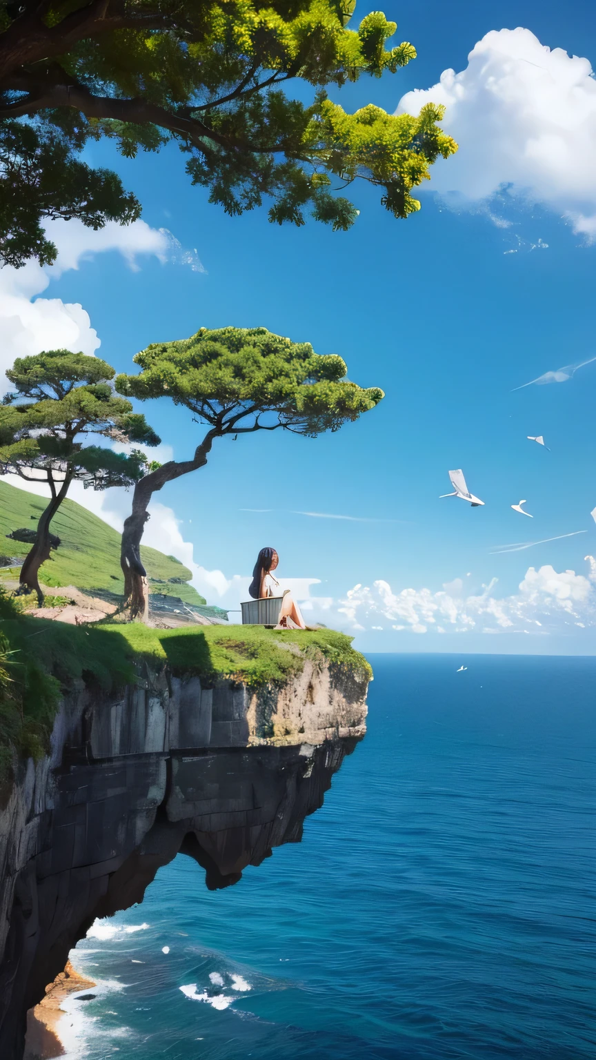 青く澄んだ空と巨大な白い雲が広がるultra-realisticな背景の中、A girl sits on the edge of a high cliff、Gazing into the distance。On the cliff there is a tree and a small house、The photo depicts people enjoying a relaxing time in nature.。Below, the calm sea spreads out、Some boats float。The clouds are big and fluffy、It looks like a white canvas in the sky。A few birds、Flying in the sky、It exudes a natural and peaceful atmosphere.、The girl sits on the edge of a cliff、Gazing into the distance。 There is a big tree and a small house on the cliff.。 Below is the clear blue sea.、Some boats float。 There are huge white clouds in the sky。 Some birds are flying in the sky。 Greenery grows on the sides of the cliffs、The beauty of nature is emphasized。Paintings inspired by Makoto Shinkai, Beautiful anime scenery、ultra-realistic, Anime movie background, Pixiv Topics、Her hair is fluttering in the wind、背景は本物みたいなultra-realistic