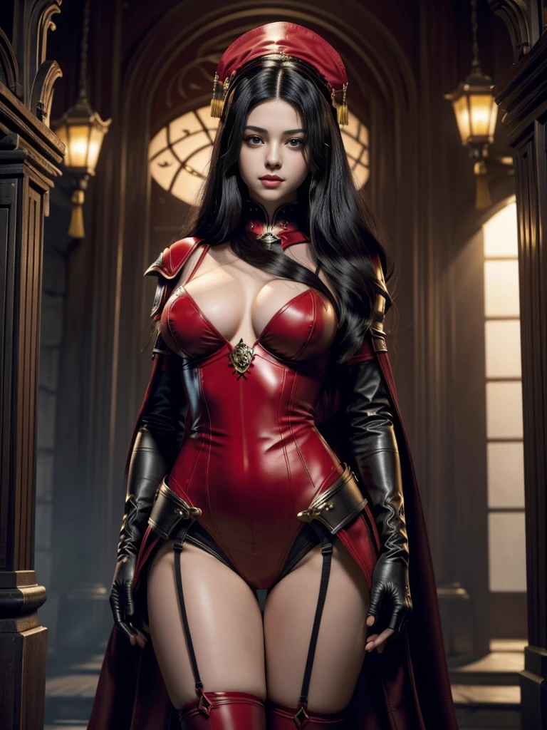 ((Anne Hathaway : Selena Gomez: 0.7)) as a brave knight (she has big glowing eyes)(red lips) (long straight black hair)((very huge breasts 1.7)) (perfect slim body) (she wears red outfit, long red gloves long red stockings, face mask) (hold on hand small katana) (inside dark temple) (high definition, volumetric lights and dinamic shadows)((masterpiece))(8k)(perfect face)(ultra details) (perfect hands, eyes, and face), (thick thighs:1.2)