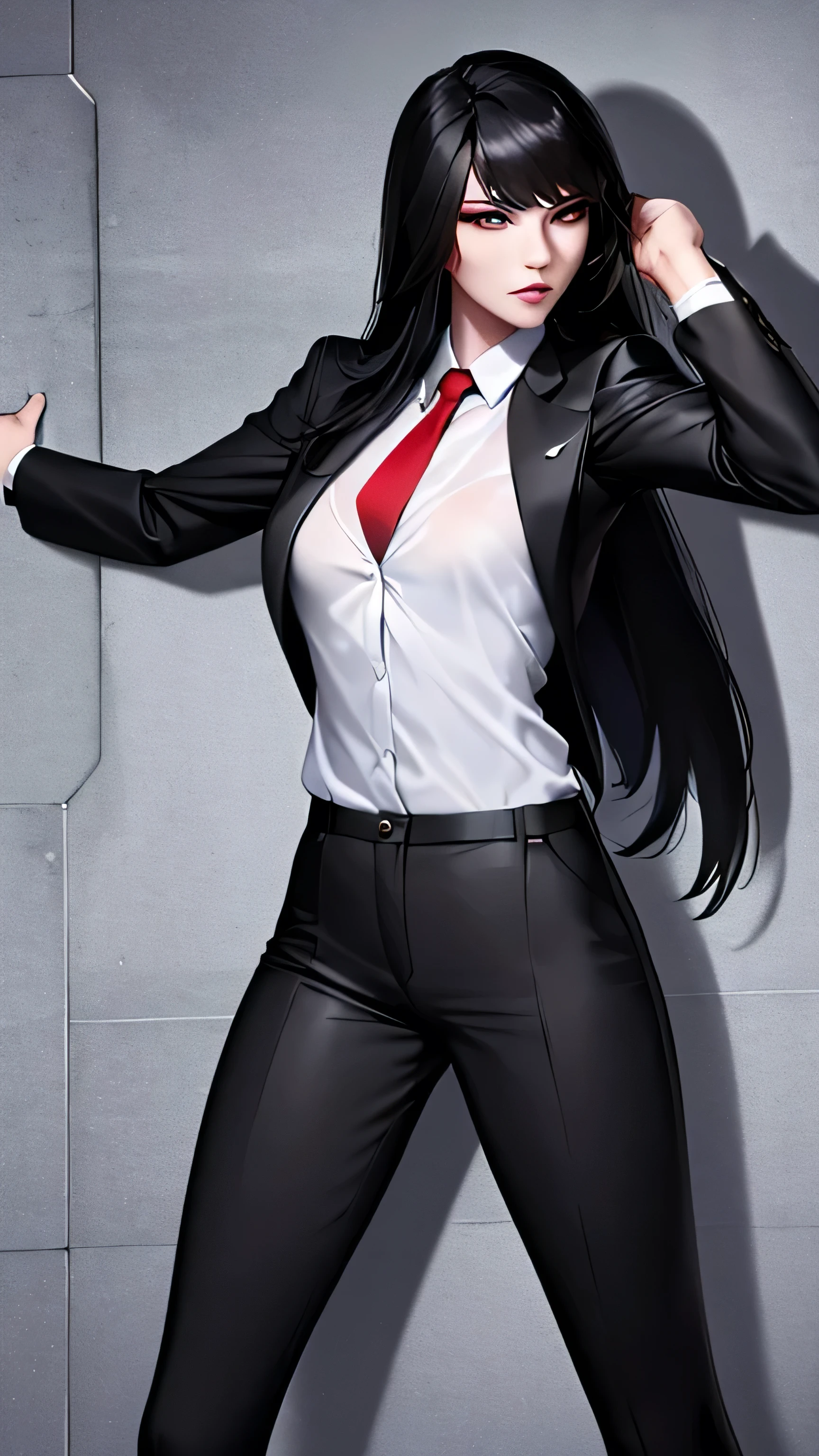 1 girl, 23 years old, long black hair, handsome face, business suit, red tie,long black pants, black leather gloves, boxing stance, punching,high quality, masterpiece