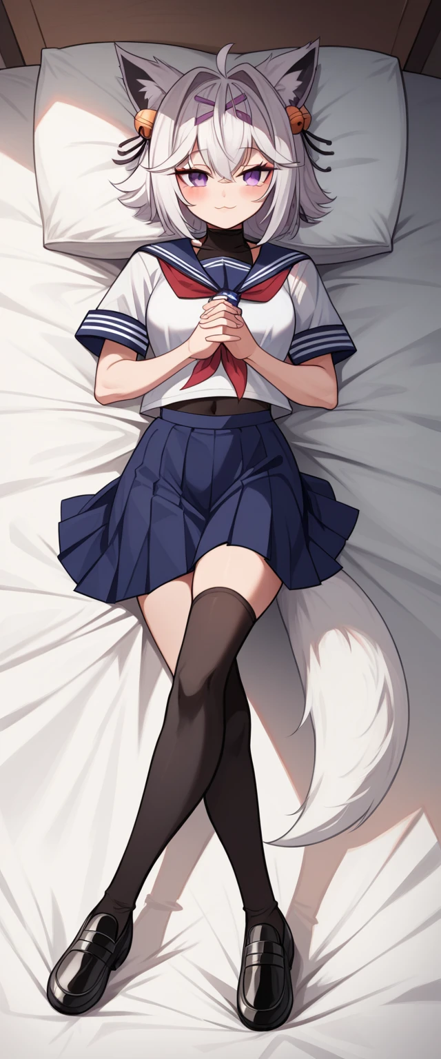 UHD, masterpiece, accurate, best quality, Messy Bed, 1girl, solo, FilianSailor, fluffy fox tail, fox ears, white hair, short hair, ahoge, hairclip, hair bell, deep purple eyes, blush, smile, shy, serafuku, red neckerchief, swimsuit under clothes, covered navel, blue skirt, black thighhigh, school black shoes with heals, slim arms, slim legs, Eye-Level Shot, full body pose, crossed legs, seductive pose, clasped hands, lying on bed, 