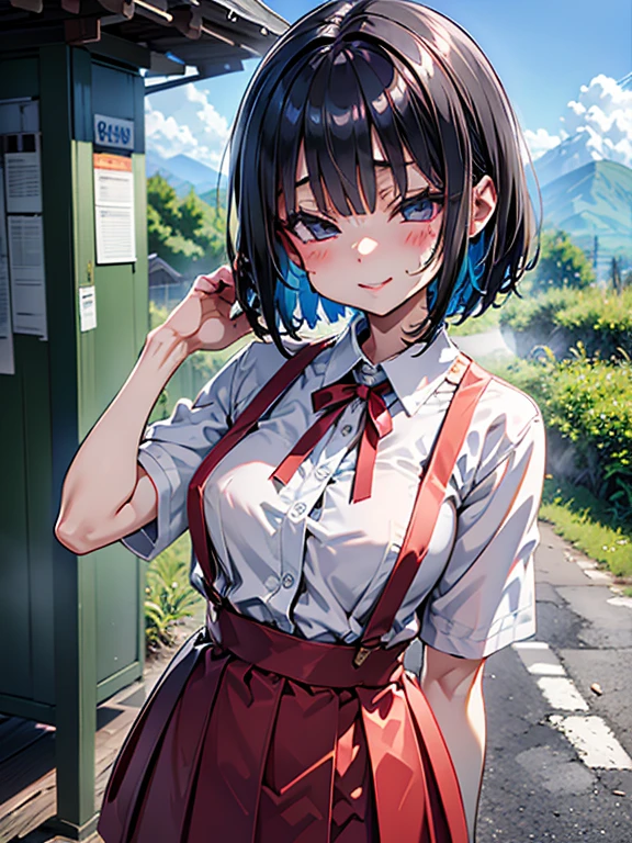 Roadside in the countryside,In the mountains,Unpopular place,Rusty bus stop,Shade,Fresh morning air,Soft sunlight,I can see the mountains,cumulonimbus,

echo-san,  bob cut, black hair, short sleeve,
High resolution,Sharp focus,(Super detailed,Very detailed),(Very detailed CG unity 8k wallpaper),(((Vibrant colors))),{best illustration},
Complex eyes,Beautiful Eyes,Symmetrical eyes,Big eyes:1.5,Seductive eyes,((complete anatomy)),Perfect Fingers,(Detailed body),(Detailed face)), cute,small breasts,
shiny 肌,very shiny 肌,Shiny body,plastic glitter 肌,exaggerated shiny 肌,illuminated 肌,
dress shirt, red suspender skirt, short sleeve, smile,
lips, red cheek, portrait, 
embarrassing, orgasm, 
chin up,
kissing,
close eyes,
spooning,
独奏,
face at viewe,