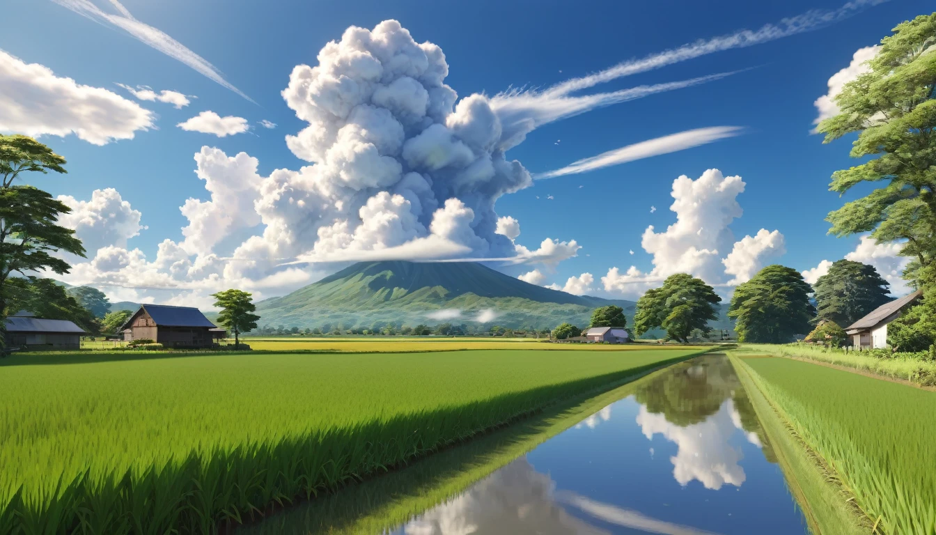 Japanese countryside,Paddy field,Midsummer,sunny,Daytime,cumulonimbus,Highest quality, 8k, High resolution, masterpiece:1.2, Very detailed, Realistic:1.37, High resolution, 超High resolution, Very detailed, Professional, Vibrant colors