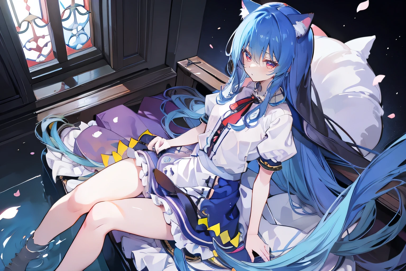 (masterpiece:1.2),Extremely detailed,Practical,expressive eyes,Fair skin,Perfect face shaping,1 Girl,
Japanese cartoons,Gorgeous blue hair, the long flowing blue hair,Floating clothes,Cat ears,Petals fall,beautiful lola,Young Angel,
Place your hands on your waist,sit elegantly on the ground,Cross your legs,Gentle and peaceful background,stately church,nun.