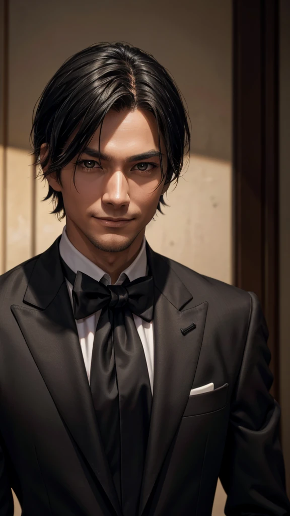 a Man standing with 30 years in black suit and black tie, slender face, facing forward, black hear, center-parted hairstyle, medium-length hair, Japanese, dark background, mysterious smile, master of psychology, body and head straight in the photo, facing the viewer of the photo, eyes fixed to the lens, appears shoulders and head in the photo, man centered in the photo, 8k, best quality, masterpiece, realistic, realistic photo, movie photo, ultra realistic, 1 person, detailed, perfect lighting, DSRL, professional photo, 4k