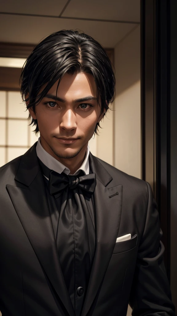 a Man standing with 30 years in black suit and black tie, slender face, facing forward, black hear, center-parted hairstyle, medium-length hair, Japanese, dark background, mysterious smile, master of psychology, body and head straight in the photo, facing the viewer of the photo, eyes fixed to the lens, appears shoulders and head in the photo, man centered in the photo, 8k, best quality, masterpiece, realistic, realistic photo, movie photo, ultra realistic, 1 person, detailed, perfect lighting, DSRL, professional photo, 4k