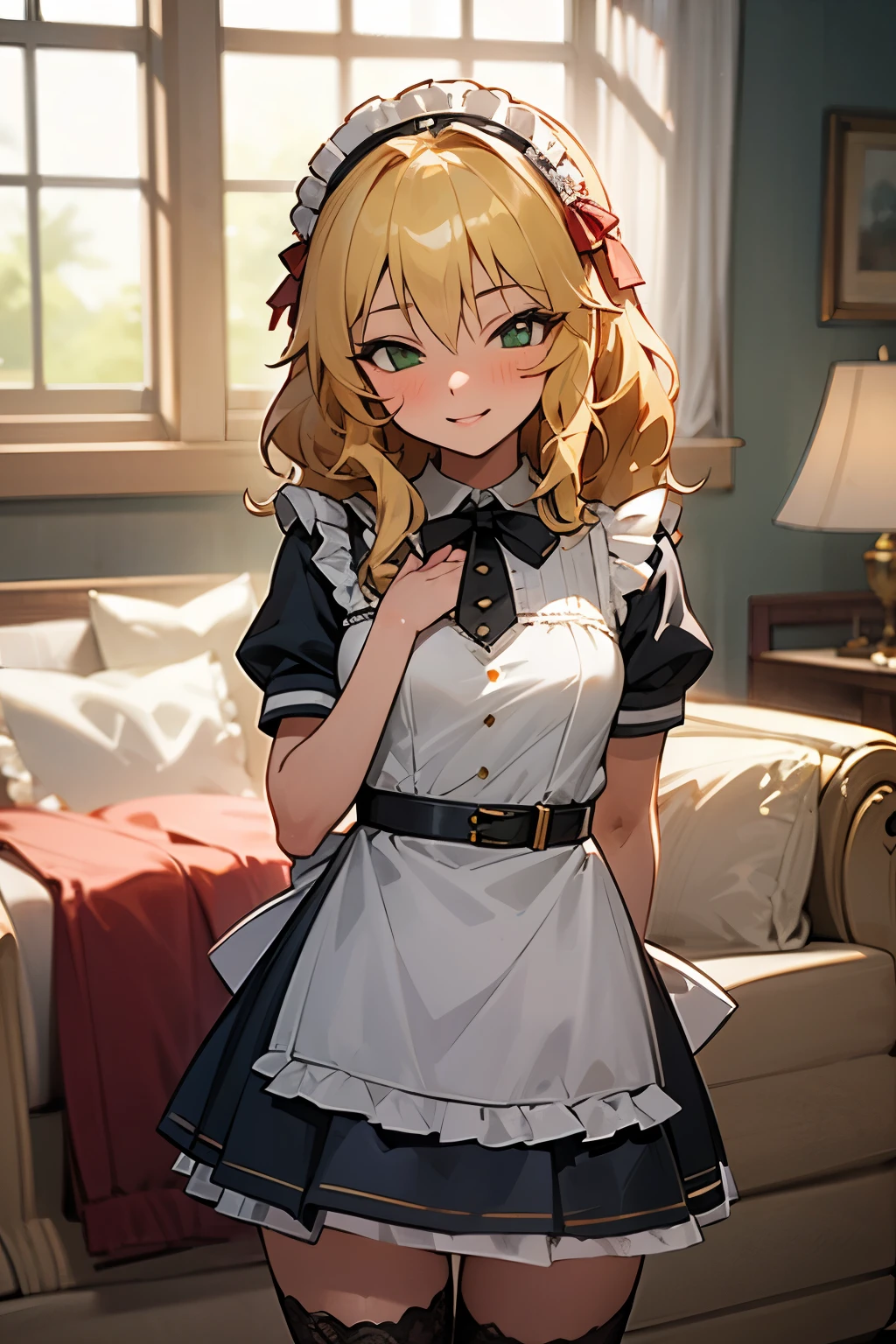 masterpiece,best quality, ultra-detailed,1girl(sakurai momoka, lovely small breasts, glow skin, wavy hair, long hair, blonde hair,green eyes),smile, glow lips, nose blush, blush, solo, maid(black), frill, apron, ultra mini skirt, maid headdress,  black garterbelt,  white lace thighhighs,  in the mansion,  livingroom, standing, 