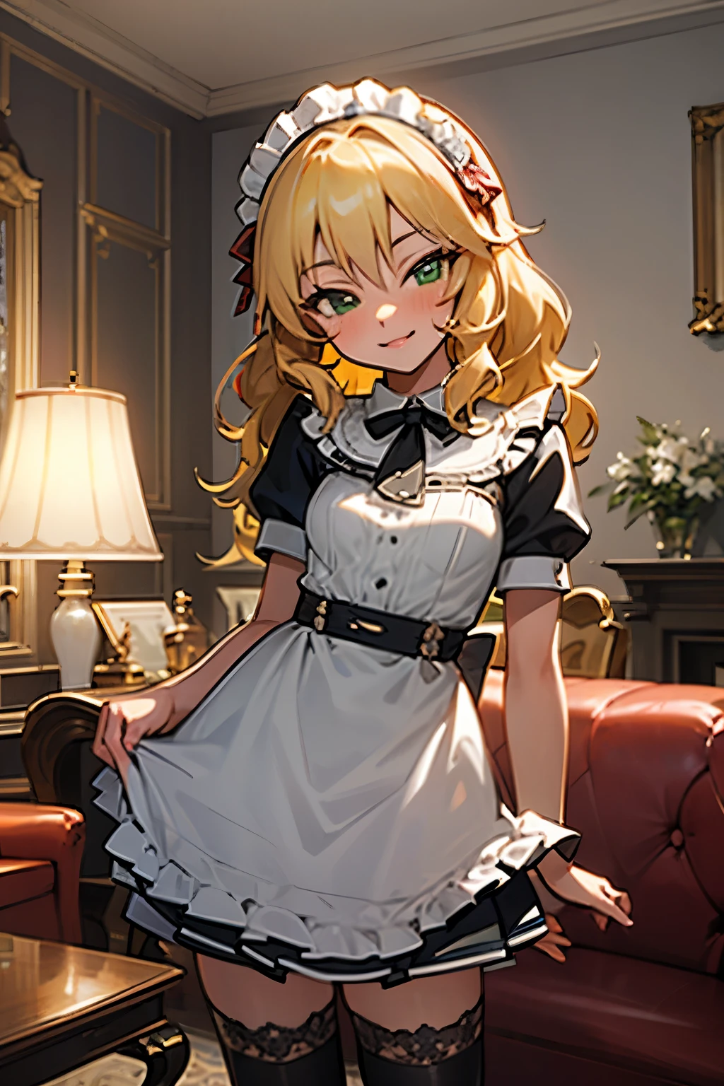 masterpiece,best quality, ultra-detailed,1girl(sakurai momoka, lovely small breasts, glow skin, wavy hair, long hair, blonde hair,green eyes),smile, glow lips, nose blush, blush, solo, maid(black), frill, apron, ultra mini skirt, maid headdress, black garterbelt, white lace thighhighs, in the mansion, livingroom, standing,