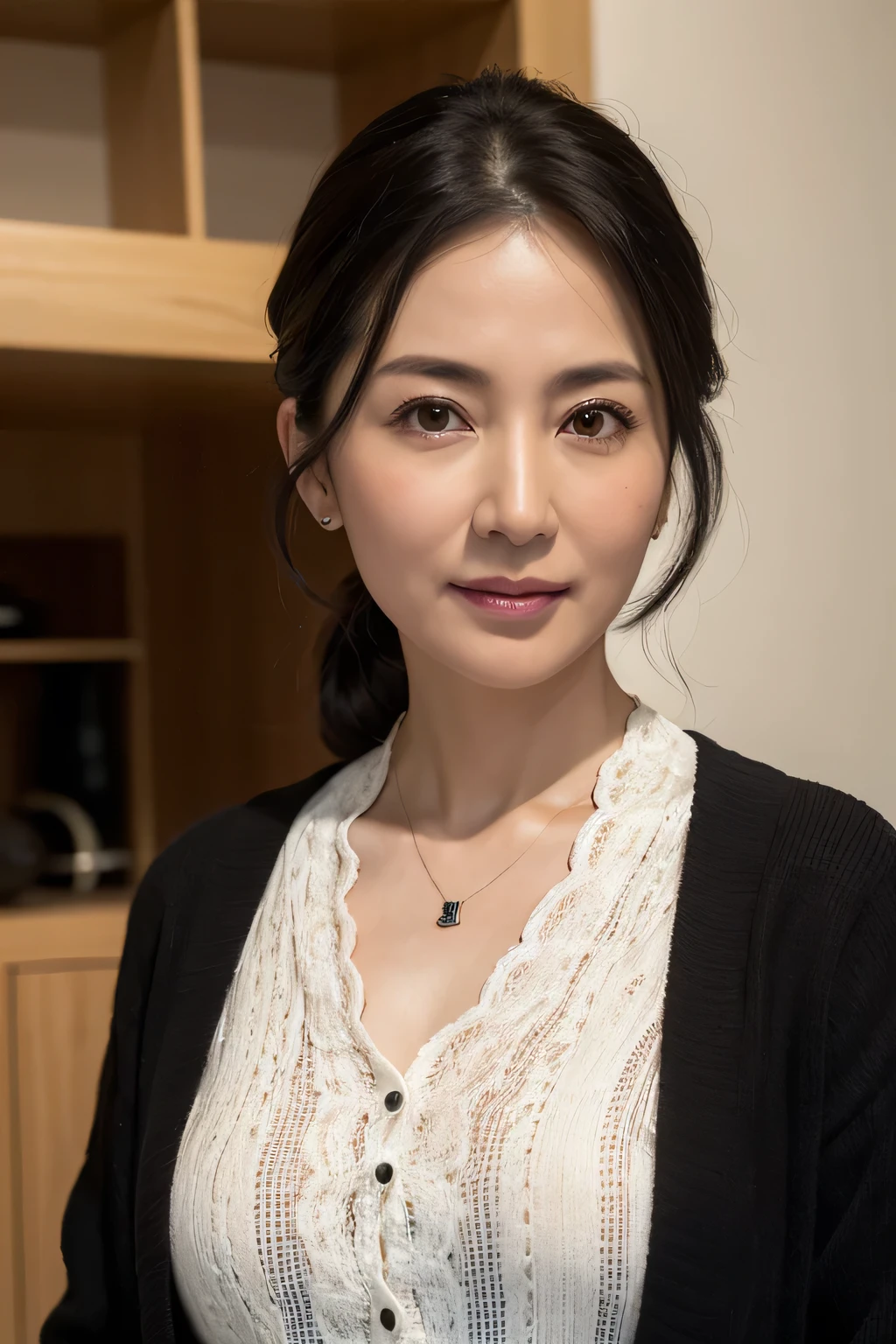 (In 8K, Highest quality, masterpiece:1.2), (Realistic, Photorealistic:1.37), Ultra-detailed, Natural light, , 1 person, 45-year-old woman, Black Hair, pendant, Trendy clothes、Less exposure, Highly detailed face and skin, Detailed eyes, Highly detailed face and skin、Take a full-body photo、color々A pose