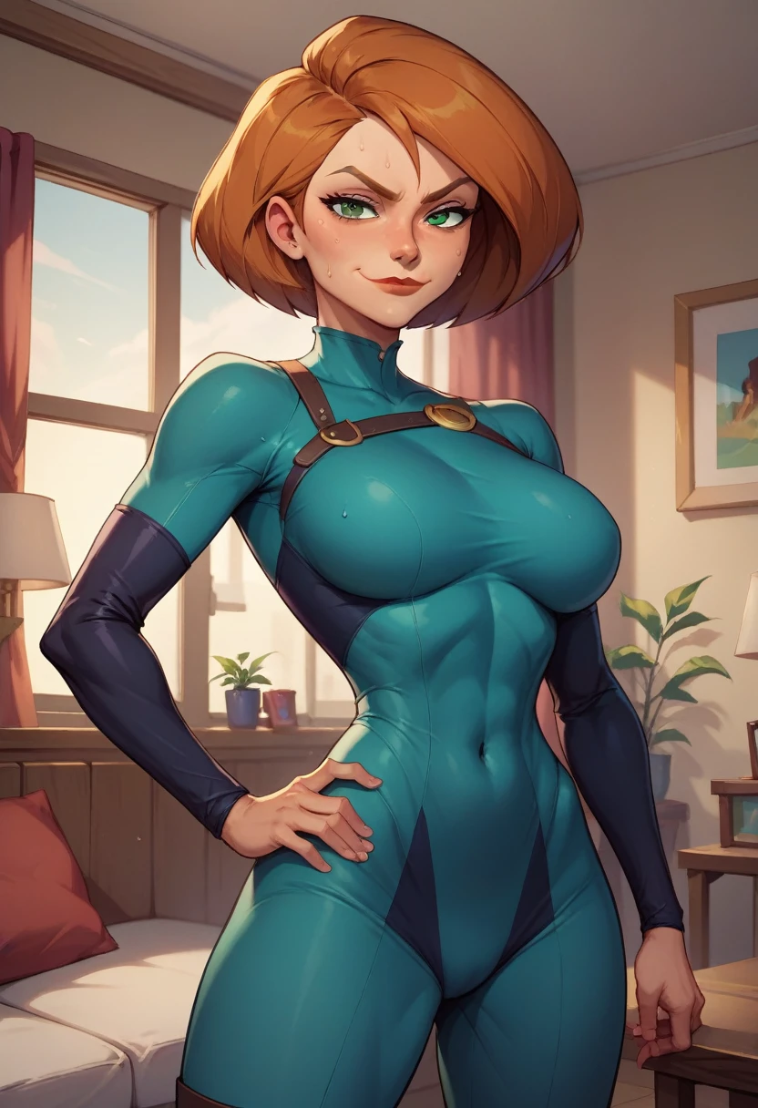 score_9, score_8_up, score_7_up, score_6_up, BREAK Ann possible, wearing knight outfit, big breasts, evil smirk,one hand on hip, sweating, in a living room, looking at viewer, short hair