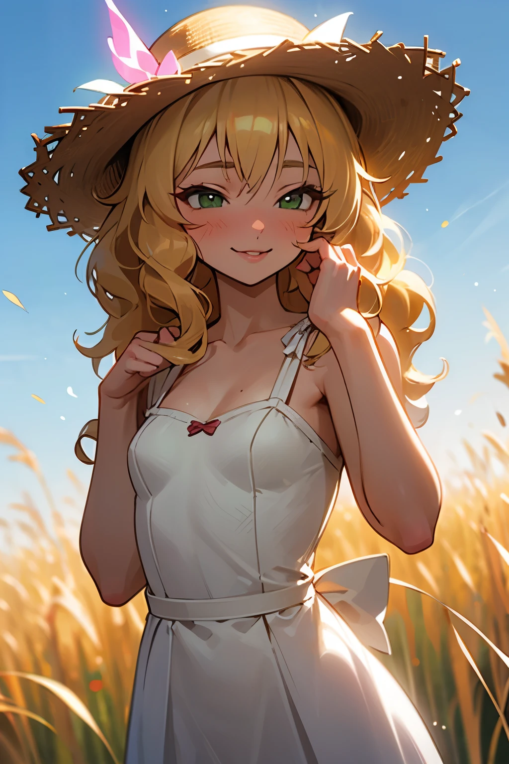 masterpiece,best quality, ultra-detailed,1girl(sakurai momoka, lovely small breasts, glow skin, wavy hair, long hair, blonde hair,green eyes),smile, glow lips, nose blush, blush, solo, sundress,  straw hat,  field, standing, Sexy waist teasing, hands up 