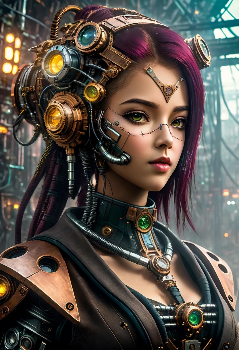 (((Cybernetic girl))) adorned with steampunk elements, blending seamlessly into a cyberpunk environment, (mysterious) and (dystopian) ambiance, (masterpiece) of lifelive art