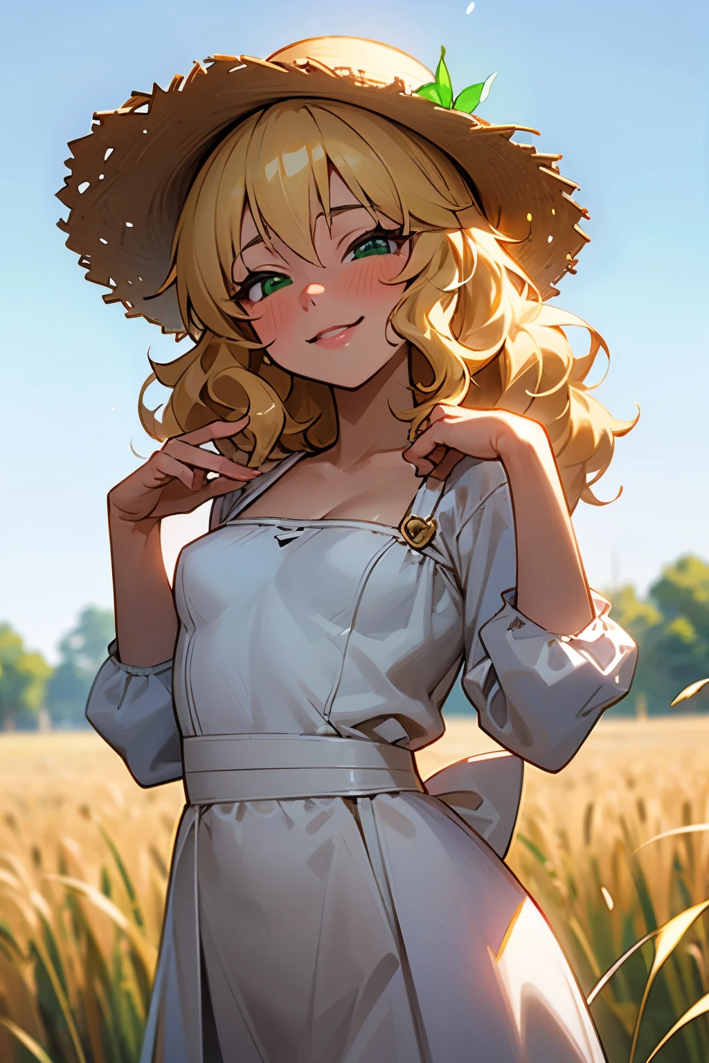 masterpiece,best quality, ultra-detailed,1girl(sakurai momoka, lovely small breasts, glow skin, wavy hair, long hair, blonde hair,green eyes),smile, glow lips, nose blush, blush, solo, sundress, straw hat, field, standing, Sexy waist teasing, hands up