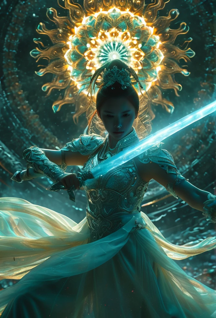 Female swordsman Jade Fractal photography，Atomic Correct,Raw, Lenses, (Clear focus:1.5), (Reality:1.4), Dusk lighting, Volumetric Lighting, Ultra-high resolution, 16K,Dramatic Lighting, White background：1.5），Glowing sword,(fighting stance),Hold the sword hilt tightly in your hand，1 sword，Solitary，（Zentangle，Mandala，Tangles，Entanglement：0.7） , Depth of Field, Dreamy atmosphere, The most beautiful form of chaos, grace, Brutalist design dark theme, Flower of Death, Flowers of ecstasy，glowing line,Glow Example，Tracking example，flash， Backlight，translucent，Light Particles，exit，xianxia