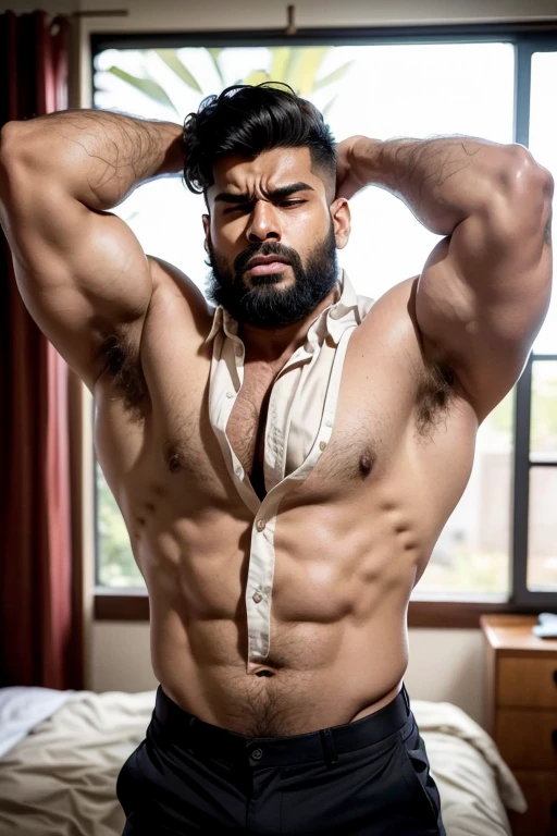 Male Character, handsome indian huge hairy bodybuilder muscular hunk with nice hairstyle and Pain is raging on the face, screaming with pain  and making aggressive face expressions with eyes closed, the head is tilted back , Beard, Sharp Jawline, Intense Eyes, Muscular bodybuilder Body, Standing, Photographic Image, Candid, Beige Colour Color unbutton Shirt, Unbuttoned Shirt Revealing Body, Masterpiece, amazing photography, sexual tension, horny, erect bulge, without clothing, messy hair, brown skin, face, full body, body with hair on chest, light black hair, lots and lots of hair on chest, hairy in the lower part; highly detailed skin, skin pores, sunny weather, steam, showers, 8k uhd, dslr, dim lighting, high quality, film grain, ful body view in photo, head to toe, his perfect( big huge penis) is (coming out) of his pant,masterpieces, seductive, erotic, exotic, lots hairy chest