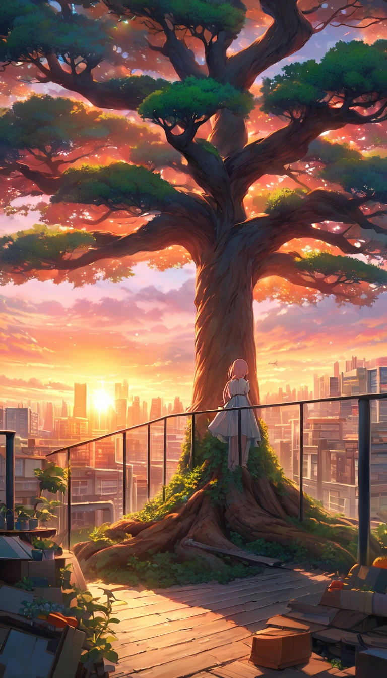 A giant ancient tree stands tall in the center of the city、A girl stands in front of it。The sky is dyed in the sunset、Orange and pink hues abound。The tree roots wrap around the building、The cityscape and nature blend together to create a fantastic sight.。The top of the tree is lush and green.、Leaves are lush、Thick branches spread out in all directions。The girl stands in front of the tree、Hands on the railing。She is wearing a simple dress、Turning his back and staring at the tree。The city buildings are illuminated by the light of the setting sun、Place々A small light is shining in。A giant tree stands tall in the center of the city。
The tree roots spread out, enveloping the building.。
The sunset sky is beautifully colored in shades of orange and pink.。
The top of the tree is lush and green.、Leaves are lush、Thick branches spread out。
The girl is wearing a simple dress.、Hands on the railing。
少女はTurning his back and staring at the tree。
The city buildings are illuminated by the light of the setting sun、Place々A small light is shining in。Paintings inspired by Makoto Shinkai, Beautiful anime scenery、Ultra-realistic, Anime movie background, Pixiv Topics、Her hair is fluttering in the wind