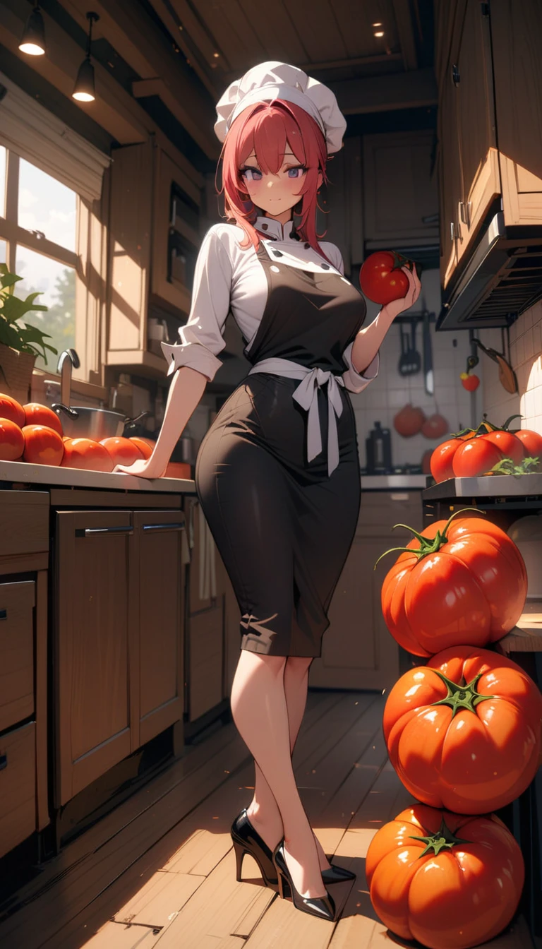 ((best quality)) , ((masterpiece)) , (detailed),1 female,(((Giant tomatoes))),kitchen,Female chef,High heel,((whole body))