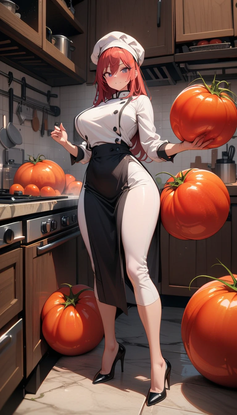 ((best quality)) , ((masterpiece)) , (detailed),1 female,(((Giant tomatoes))),kitchen,Female chef,High heel,((whole body))