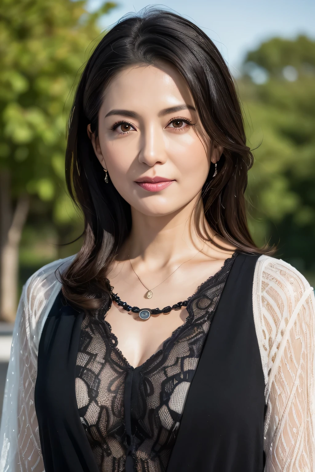 (In 8K, Highest quality, masterpiece:1.2), (Realistic, Photorealistic:1.37), Ultra-detailed, Natural light, , 1 person, 45-year-old woman, Black Hair, pendant, Trendy clothes、Less exposure, Highly detailed face and skin, Detailed eyes, Highly detailed face and skin、Take a full-body photo、color々A pose