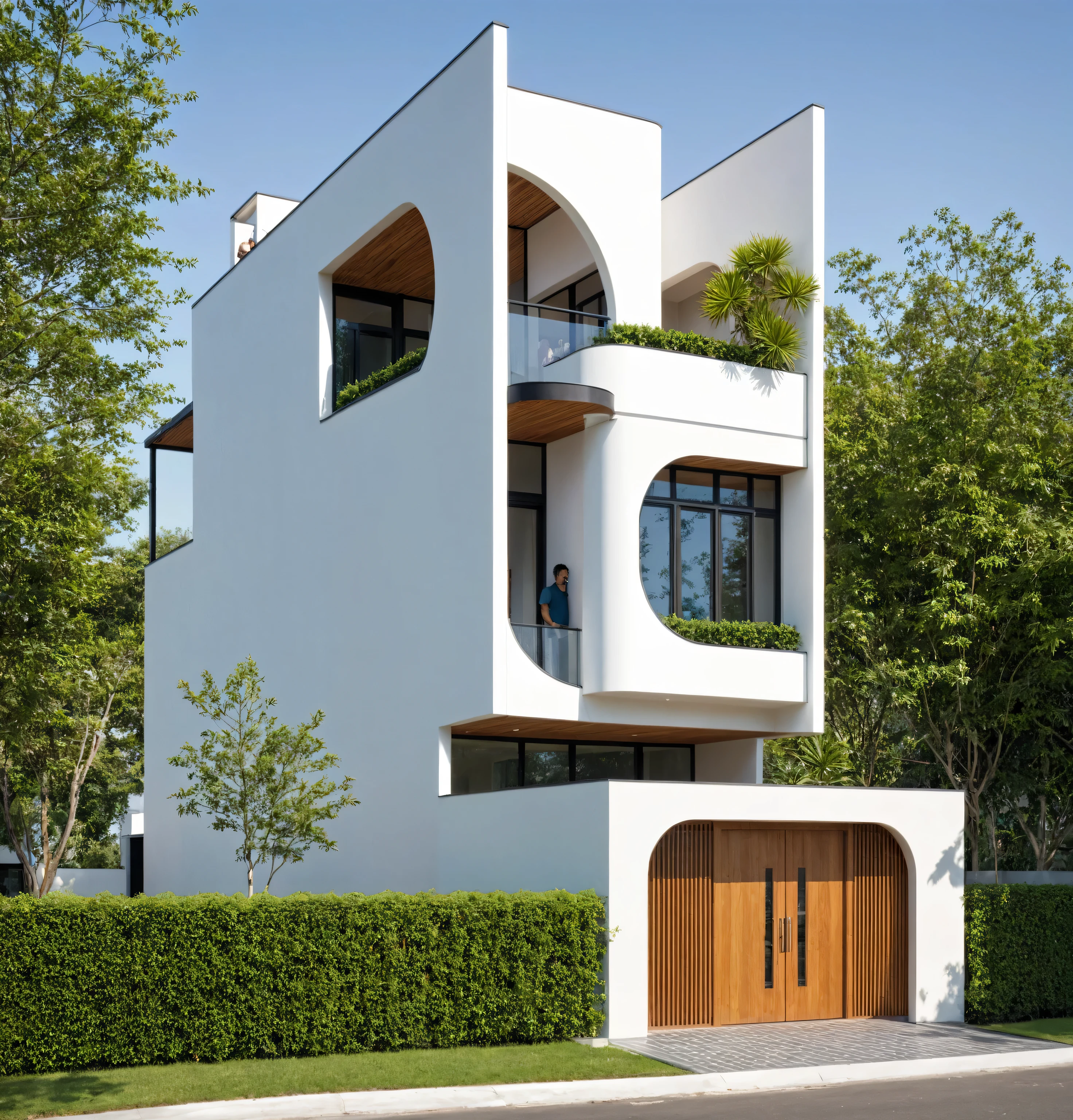 A high and narrow 3-storey house with a modern design, featuring a steel gate and wooden details. The exterior is painted white and the front wall has many curves. The house has windows on all sides, and a (wooden ceiling:1.2). The materials include black steel and wood. The 1st floor has trees growing in the middle columns, surrounded by tropical vegetation. The scene is captured from a 24mm angular view, with soft, natural lighting highlighting the textures and materials, casting gentle shadows that accentuate the curves of the front wall and the wooden details.