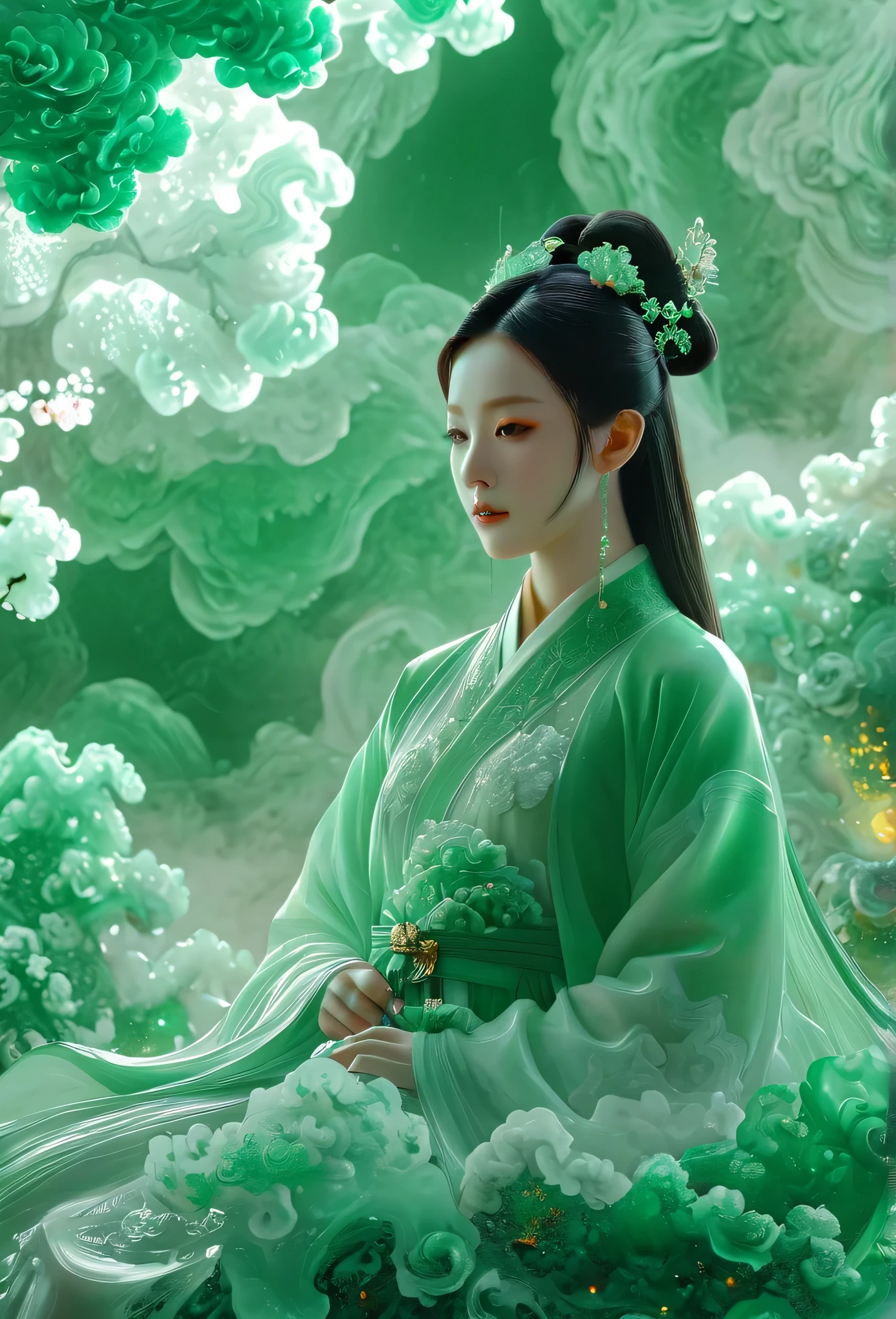 Jade Fractal，luminescent，1 Girl，。(Best quality,4K,8K,A high resolution,Masterpiece:1.2), (Realistic,Photorealistic,photo-realistic:1.37).，Shiny，Exquisite，Monster，Unreal Engine 5，Texture，A three-dimensional character wearinghanfu,minimalism and abstract illustration, chinese ink painting style, chinese xuan paper texture, light penetrate the air, Fractals effect, Phosphore scence effect
