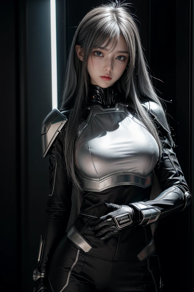 cyber angel,machine wing,{{Sci-Fi Armor}},cyber suit,cyberpunk,science fiction,cyber battle armor,Battledress,Military Uniforms,pants,black military uniform,whole body,Height: 168cm,almond shape eyes,{{{{{silver eyes}}}}},{{{{{dull bangs}}}}},(slanted eyes},{{whole body},{{{1 girl}}}, long hair, straight hair,{{{{silver hair}}}},{{{tsurime}}},30 years old,{Medium chest},{{bush}},silver eyes,{{{masterpiece}}}, {{{highest quality}}}, {{Super detailed}}, {shape}, {{very delicate and beautiful}},very detailed,detailed perfect,detailed hyper,Abundant thighs,big ass,black clothes,natural hands