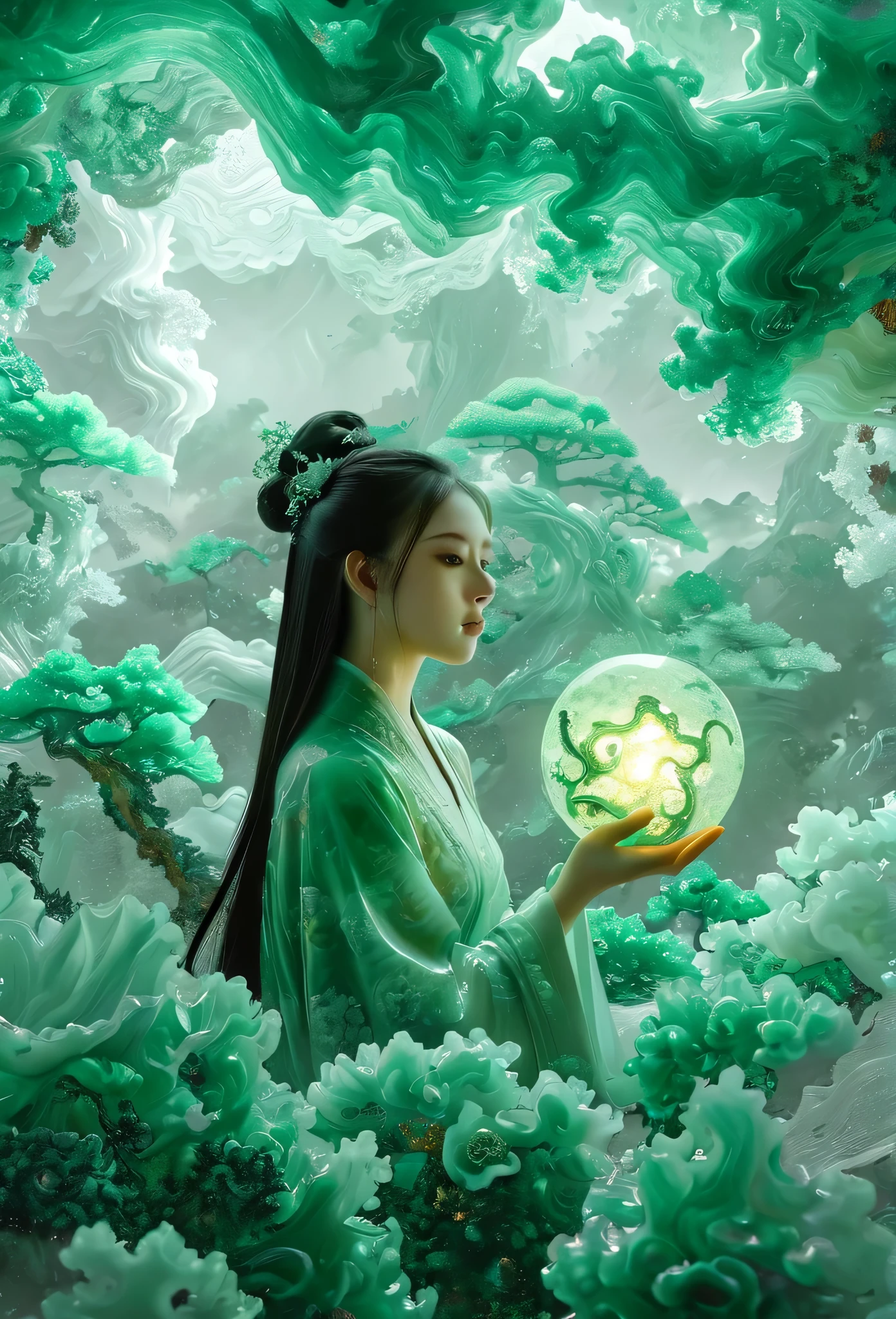 Jade Fractal,luminescent,1 Girl,。(Best quality,4K,8K,A high resolution,Masterpiece:1.2), (Realistic,Photorealistic,photo-realistic:1.37).,Shiny,Exquisite,Monster,Unreal Engine 5,Texture,A three-dimensional character wearinghanfu,minimalism and abstract illustration, chinese ink painting style, chinese xuan paper texture, light penetrate the air, Fractals effect, Phosphore scence effect