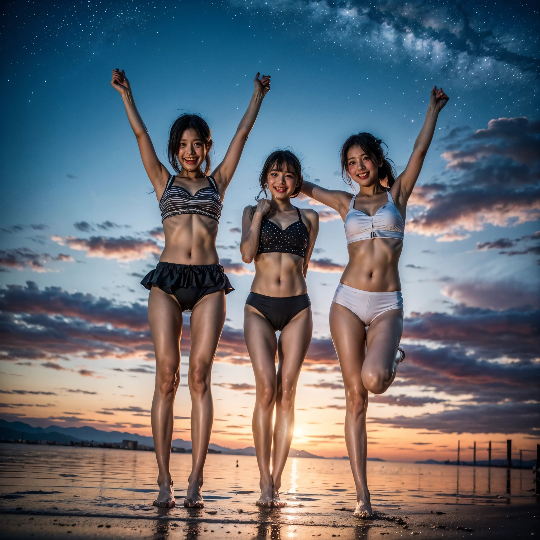 Masterpiece of ProfessionalPhoto ((ExtremelyDetailed (12 PICHIPICHI KAWAII Girls Floating in The Air in a row:1.37) in WHITE at Dusk Enoshima Beach)), {(Standing Full Body:1.2)|(from below:1.2)|Detailed KAWAII face}, Different types of hair colors, {(skinny(school swimwear))|(SchoolUniform)with Skinny AthleticShorts}, {(Corrected Childish hand)|Hidden hand|Different types of breasts|(Clearly Visible the shape of Butt)}, Joyful Expressions LifeLike Rendering, PerfectLighting, (Dazzling Horizon Visible through ThighGap), (Starry IridescentParticles:1.22) ColorfulClouds