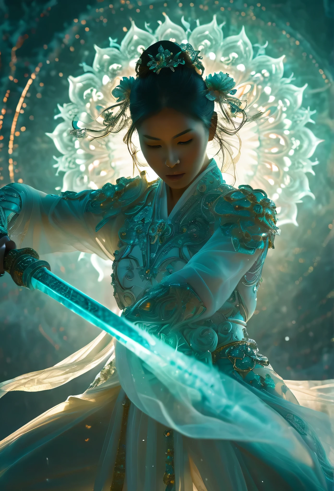Female swordsman Jade Fractal photography,Atomic Correct,Raw, Lenses, (Clear focus:1.5), (Reality:1.4), Dusk lighting, Volumetric Lighting, Ultra-high resolution, 16K,Dramatic Lighting, White background:1.5),Glowing sword,(fighting stance),Hold the sword hilt tightly in your hand,1 sword,Solitary,(Zentangle,Mandala,Tangles,Entanglement:0.7) , Depth of Field, Dreamy atmosphere, The most beautiful form of chaos, grace, Brutalist design dark theme, Flower of Death, Flowers of ecstasy,glowing line,Glow Example,Tracking example,flash, Backlight,translucent,Light Particles,exit,xianxia