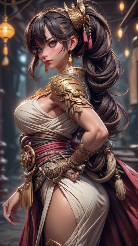 (best quality,4k,8k,highres,masterpiece:1.2),ultra-detailed, female dressed as attractive Samurai, gorgeous, voluptuous, flirting, busty, ample hips, insanely detailed accentuated big booty, looking_back, portrait, photography, detailed skin, Realistic, photo-realistic, 8k, highly detailed, full-length frame, HIGH detailed RAW color art, piercing, diffused soft lighting, shallow depth of field, sharp focus, hyperrealism, cinematic lighting,