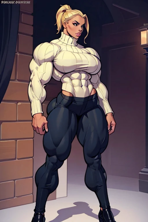 3/4 view, blonde woman, long powerful legs, turtleneck sweater, long baggy pants, strong well defined muscle, lean graceful bodybuilder physique, massive muscular legs, perfect and flawless musculature, great muscle definition, massive bulging glutes, massive muscular thighs, wide feminine hips, narrow surrender waist, broad powerful shoulders