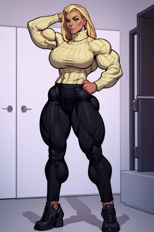 3/4 view, blonde woman, long powerful legs, turtleneck sweater, long baggy pants, strong well defined muscle, lean graceful bodybuilder physique, massive muscular legs, perfect and flawless musculature, great muscle definition, massive bulging glutes, massive muscular thighs, wide feminine hips, narrow surrender waist, broad powerful shoulders