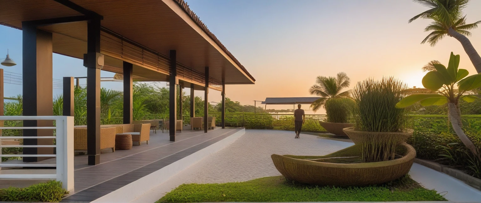 headquarter of Local caft Resort , coconut trees, greenery landscape, along the white beach, clear sky, sunrise time, warm lighting RAW Photo, RAW texture, Super Realistic, 32K UHD, DSLR, soft lighting, high quality, film rating, Fujifilm XT3 