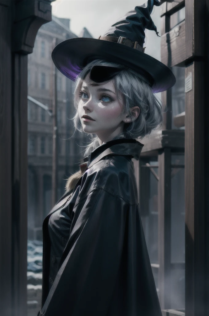 (Extremely detailed:1.3), (masterpiece:1.3), illustration, Exquisite lighting, thin shadow, Clear focus, ((best quality)), 1 girl, Adult Jewish women, Silver Eyes, Gray short hair,
portrait, look up, Solitary, (whole body:0.6), Detailed background, (Sc3pt4, Sci-fi theme:1.1), A faint smile, witch hat, witch, Magical atmosphere, Hair blowing in the wind, Light-colored clothing with trims, Dynamic poses, A whirlwind of elemental spells spinning in the air, Dark Magic, (Style Swirl Magic:0.8), Floating particles, Frozen landscape background, Dim Lights,