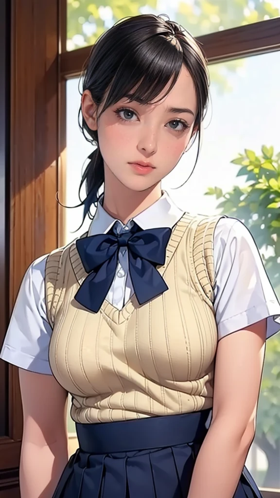 (masterpiece:1.2, Highest quality), (Realistic, photoRealistic:1.4), Beautiful illustrations, (Natural Side Lighting, Cinema Lighting), Written boundary depth, Observe the audience, (Face Focus, Upper Body), Front view, 1 girl, Japanese, high school girl, 15 years old, Perfect Face, Symmetrical cute face, Glowing Skin, (Bob Hair:1.7,Black Hair), Asymmetrical bangs, Big eyes, Droopy eyes, long eyelashes chest), thin, Beautiful Hair, Beautiful Face, Beautiful and beautiful eyes, Beautiful clavicle, Beautiful body, Beautiful breasts, Beautiful thighs, Beautiful feet, Beautiful fingers, ((Quality fabric texture, brown knit vest, Short sleeve white collar shirt, Navy Pleated Skirt, Navy bow tie)), (Beautiful views), evening, Running with bread in one&#39;s mouth, (smile, Senior year, Open your mouth), (From below:1.5),(Poor horizon:1.5), A scene from a movie,