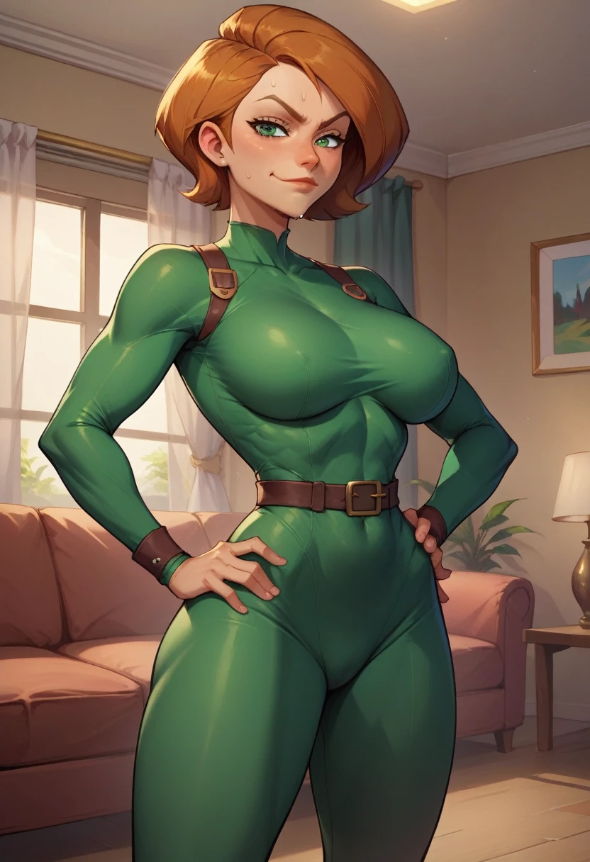 score_9, score_8_up, score_7_up, score_6_up, BREAK Ann possible, wearing knight outfit, big breasts, evil smirk,one hand on hip, sweating, in a living room, looking at viewer, short hair