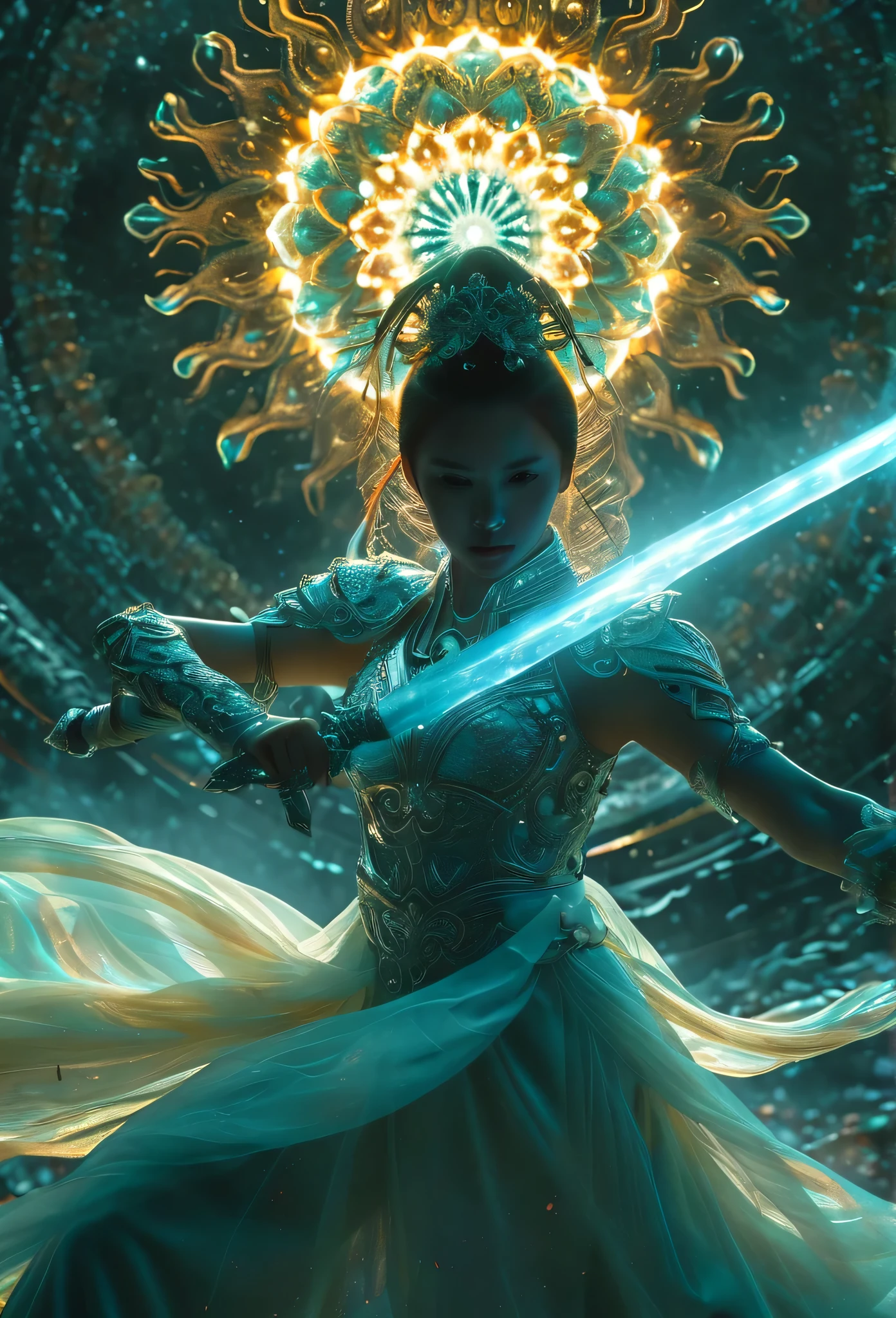 Female swordsman Jade Fractal photography,Atomic Correct,Raw, Lenses, (Clear focus:1.5), (Reality:1.4), Dusk lighting, Volumetric Lighting, Ultra-high resolution, 16K,Dramatic Lighting, White background:1.5),Glowing sword,(fighting stance),Hold the sword hilt tightly in your hand,1 sword,Solitary,(Zentangle,Mandala,Tangles,Entanglement:0.7) , Depth of Field, Dreamy atmosphere, The most beautiful form of chaos, grace, Brutalist design dark theme, Flower of Death, Flowers of ,glowing line,Glow Example,Tracking example,flash, Backlight,translucent,Light Particles,exit,xianxia